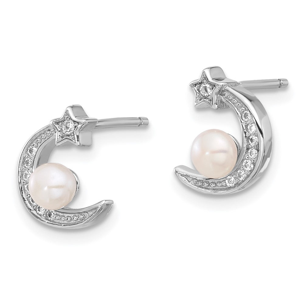 PSSE Sterling Silver Rhod-plated CZ and FWC Pearl Moon and Star Post Earrings