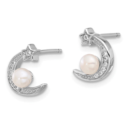 PSSE Sterling Silver Rhod-plated CZ and FWC Pearl Moon and Star Post Earrings
