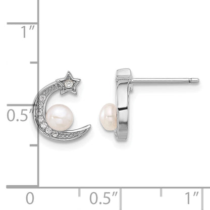 PSSE Sterling Silver Rhod-plated CZ and FWC Pearl Moon and Star Post Earrings