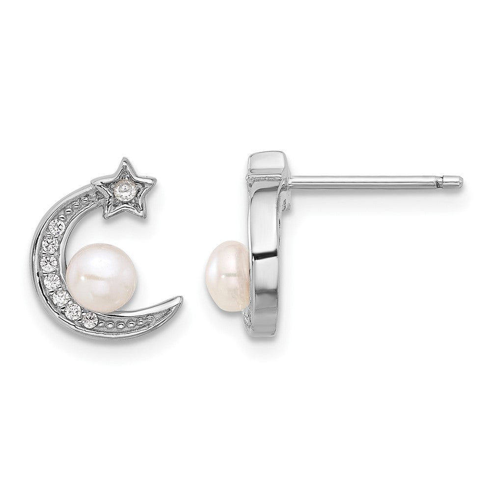 PSSE Sterling Silver Rhod-plated CZ and FWC Pearl Moon and Star Post Earrings