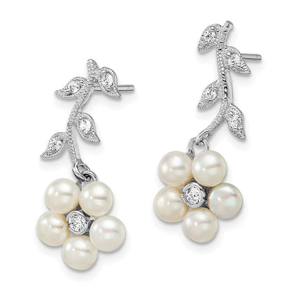 PSSE Sterling Silver Rhodium-plated White FWC Pearl CZ Flower Post Earrings
