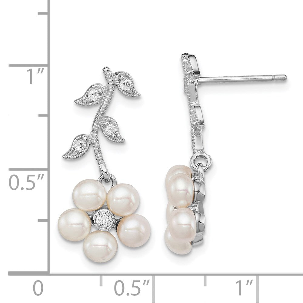 PSSE Sterling Silver Rhodium-plated White FWC Pearl CZ Flower Post Earrings