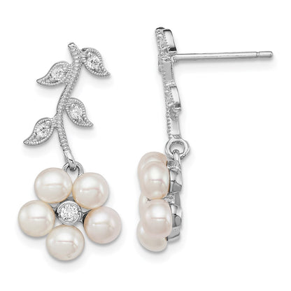 PSSE Sterling Silver Rhodium-plated White FWC Pearl CZ Flower Post Earrings