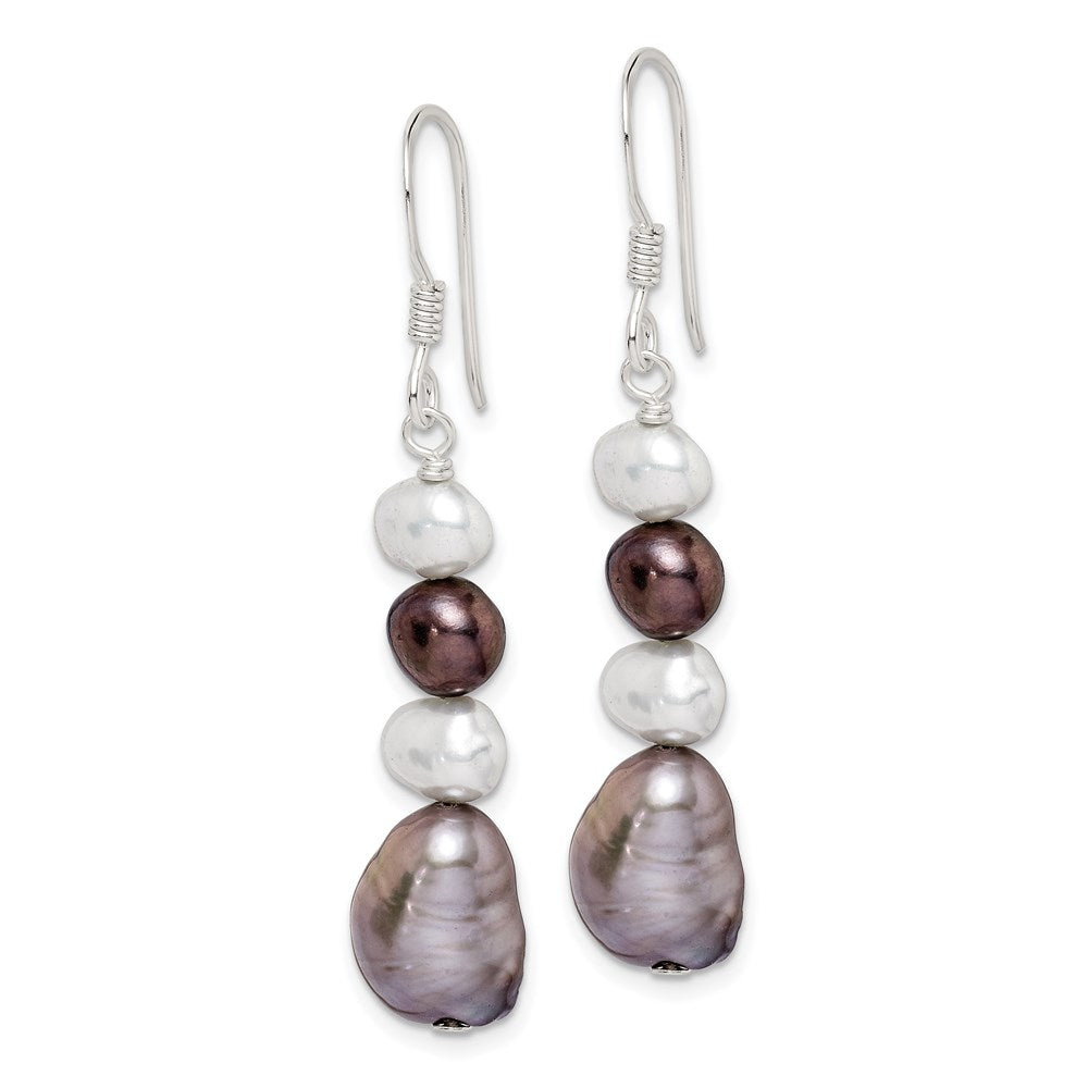 PSSE Sterling Silver Polished Black, White and Grey 6-9mm Freshwater Cultured Pearl Dangle Earrings