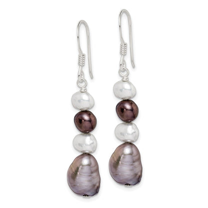 PSSE Sterling Silver Polished Black, White and Grey 6-9mm Freshwater Cultured Pearl Dangle Earrings