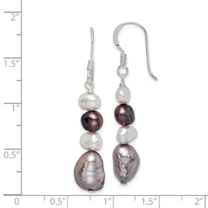 PSSE Sterling Silver Polished Black, White and Grey 6-9mm Freshwater Cultured Pearl Dangle Earrings