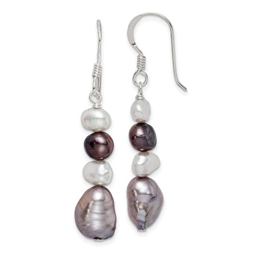 PSSE Sterling Silver Polished Black, White and Grey 6-9mm Freshwater Cultured Pearl Dangle Earrings
