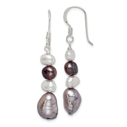PSSE Sterling Silver Polished Black, White and Grey 6-9mm Freshwater Cultured Pearl Dangle Earrings