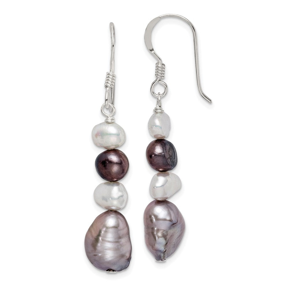 PSSE Sterling Silver Polished Black, White and Grey 6-9mm Freshwater Cultured Pearl Dangle Earrings