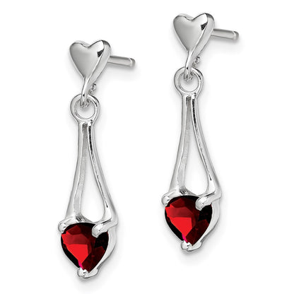 GSSE Sterling Silver Rhodium-plated Polished Garnet Heart Post Dangle Earrings