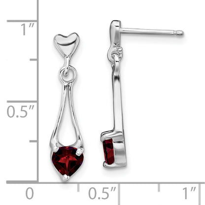 GSSE Sterling Silver Rhodium-plated Polished Garnet Heart Post Dangle Earrings