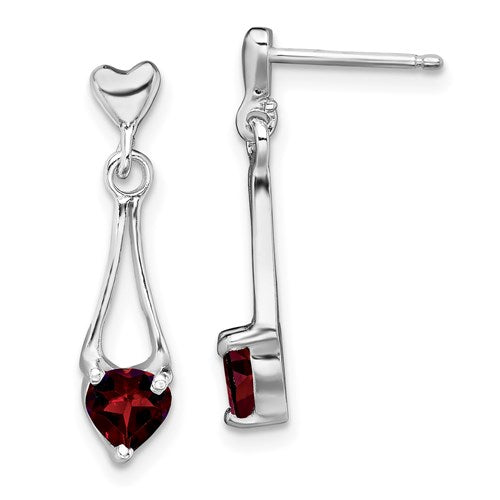 GSSE Sterling Silver Rhodium-plated Polished Garnet Heart Post Dangle Earrings