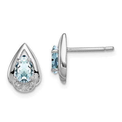 GSSE Sterling Silver Rhodium Plated Diamond & Aquamarine Post Earrings