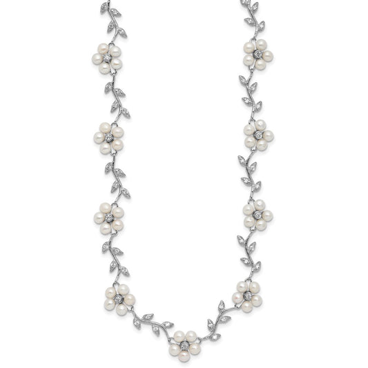 PSSN Sterling Silver Rhodium-plated CZ Vine Pattern and Fresheater Cultured Pearl Floral 16 inch Necklace