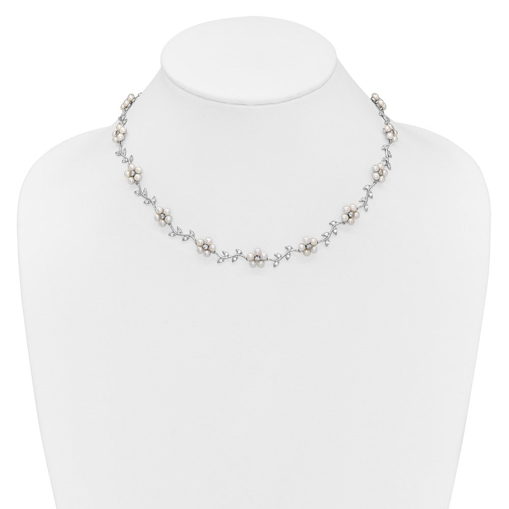 PSSN Sterling Silver Rhodium-plated CZ Vine Pattern and Fresheater Cultured Pearl Floral 16 inch Necklace