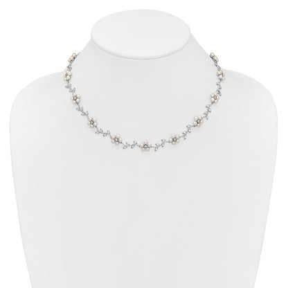PSSN Sterling Silver Rhodium-plated CZ Vine Pattern and Fresheater Cultured Pearl Floral 16 inch Necklace