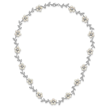 PSSN Sterling Silver Rhodium-plated CZ Vine Pattern and Fresheater Cultured Pearl Floral 16 inch Necklace