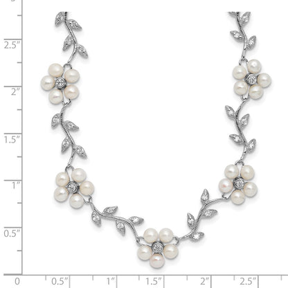 PSSN Sterling Silver Rhodium-plated CZ Vine Pattern and Fresheater Cultured Pearl Floral 16 inch Necklace