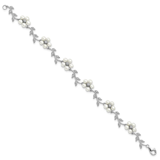 PSSB Sterling Silver Rhodium-plated CZ Vine Pattern and Fresheater Cultured Pearl Floral 7 inch Bracelet