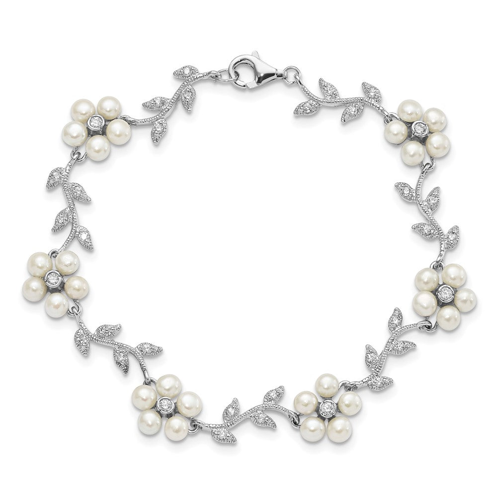 PSSB Sterling Silver Rhodium-plated CZ Vine Pattern and Fresheater Cultured Pearl Floral 7 inch Bracelet