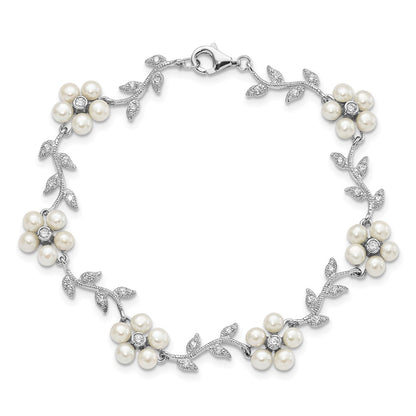 PSSB Sterling Silver Rhodium-plated CZ Vine Pattern and Fresheater Cultured Pearl Floral 7 inch Bracelet