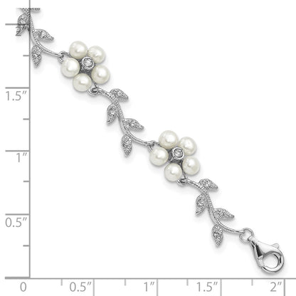 PSSB Sterling Silver Rhodium-plated CZ Vine Pattern and Fresheater Cultured Pearl Floral 7 inch Bracelet