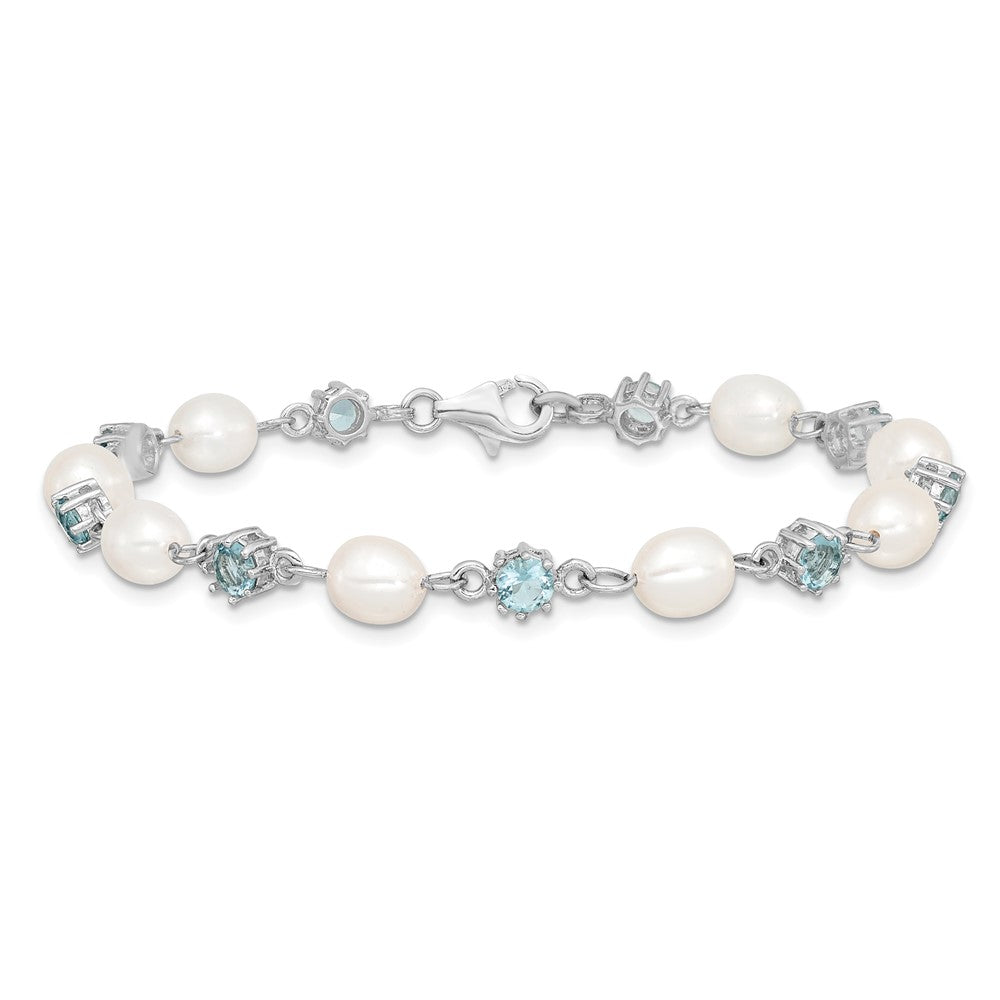 PSSB Sterling Silver Rhodium Blue CZ FW Cultured Pearl Bracelet