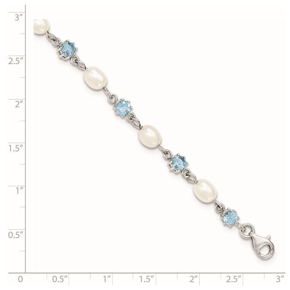 PSSB Sterling Silver Rhodium Blue CZ FW Cultured Pearl Bracelet