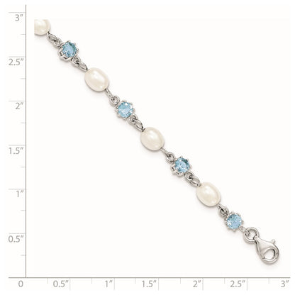 PSSB Sterling Silver Rhodium Blue CZ FW Cultured Pearl Bracelet