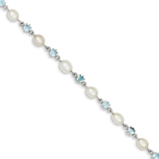 PSSB Sterling Silver Rhodium Blue CZ FW Cultured Pearl Bracelet
