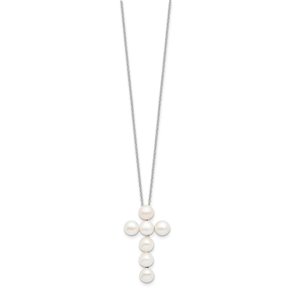 PSSN Sterling Silver Rhodium-plated 6-7mm White Button Freshwater Cultured Pearl Cross 17 inch Necklace
