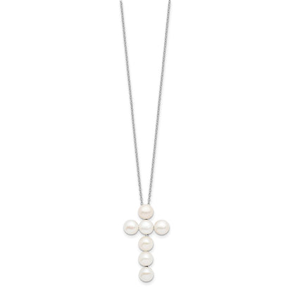 PSSN Sterling Silver Rhodium-plated 6-7mm White Button Freshwater Cultured Pearl Cross 17 inch Necklace