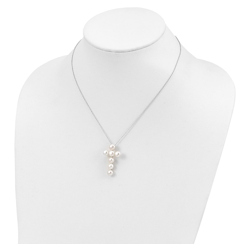 PSSN Sterling Silver Rhodium-plated 6-7mm White Button Freshwater Cultured Pearl Cross 17 inch Necklace