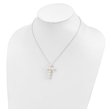 PSSN Sterling Silver Rhodium-plated 6-7mm White Button Freshwater Cultured Pearl Cross 17 inch Necklace