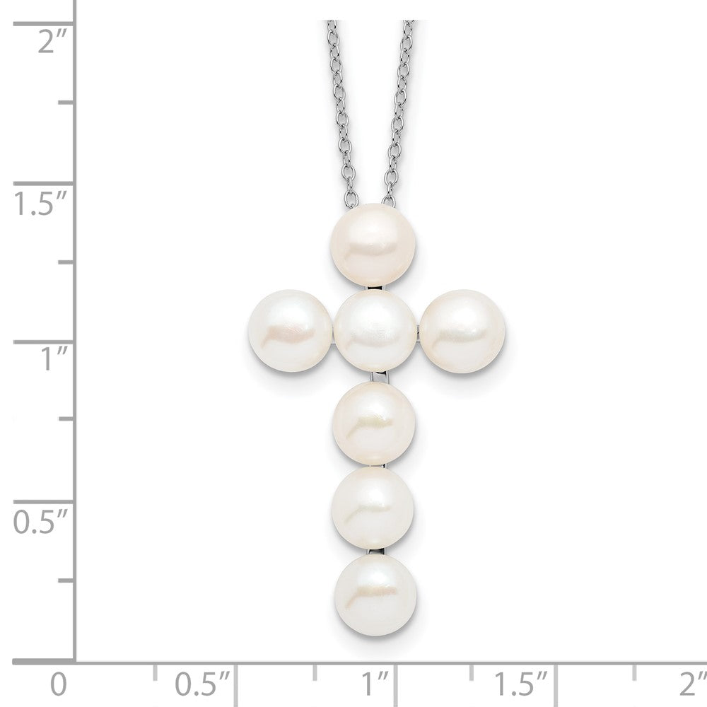 PSSN Sterling Silver Rhodium-plated 6-7mm White Button Freshwater Cultured Pearl Cross 17 inch Necklace