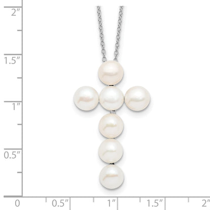 PSSN Sterling Silver Rhodium-plated 6-7mm White Button Freshwater Cultured Pearl Cross 17 inch Necklace