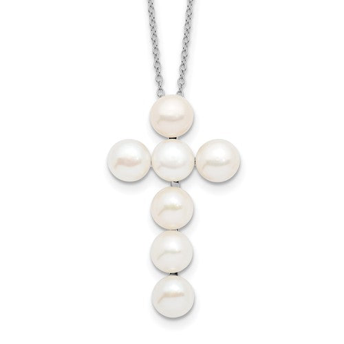 PSSN Sterling Silver Rhodium-plated 6-7mm White Button Freshwater Cultured Pearl Cross 17 inch Necklace