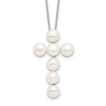 PSSN Sterling Silver Rhodium-plated 6-7mm White Button Freshwater Cultured Pearl Cross 17 inch Necklace
