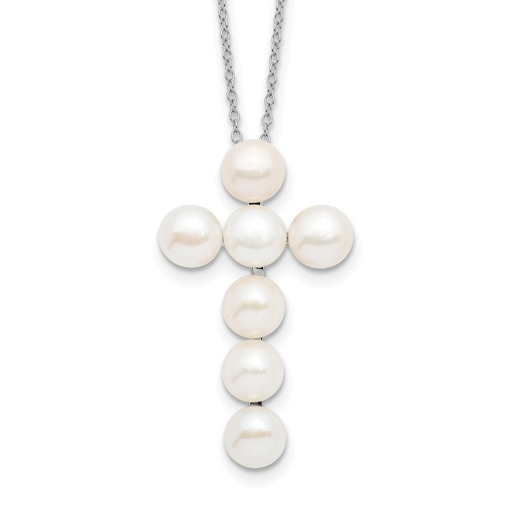 PSSN Sterling Silver Rhodium-plated 6-7mm White Button Freshwater Cultured Pearl Cross 17 inch Necklace
