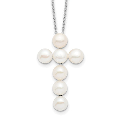 PSSN Sterling Silver Rhodium-plated 6-7mm White Button Freshwater Cultured Pearl Cross 17 inch Necklace