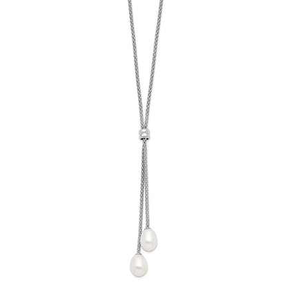PSSN Sterling Silver Rhodium-plated 7-8mm Teardrop Freshwater Cultured Pearl 16 inch with 2 inch Extension Drop Necklace