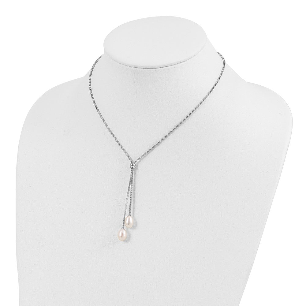PSSN Sterling Silver Rhodium-plated 7-8mm Teardrop Freshwater Cultured Pearl 16 inch with 2 inch Extension Drop Necklace
