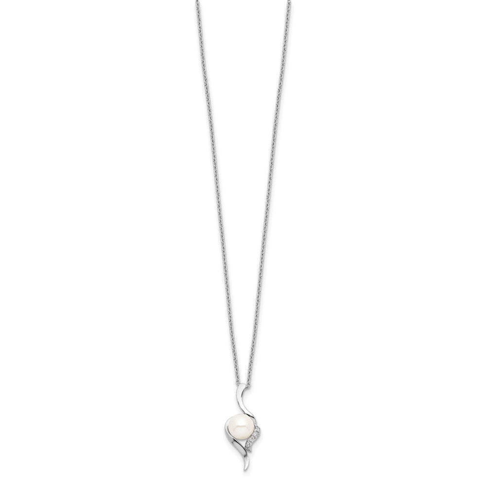 PSSN Sterling Silver Rhodium-plated 6-7mm White Semi-Round Freshwater Cultured Pearl and CZ 17 inch Necklace