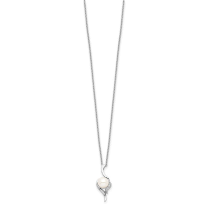 PSSN Sterling Silver Rhodium-plated 6-7mm White Semi-Round Freshwater Cultured Pearl and CZ 17 inch Necklace