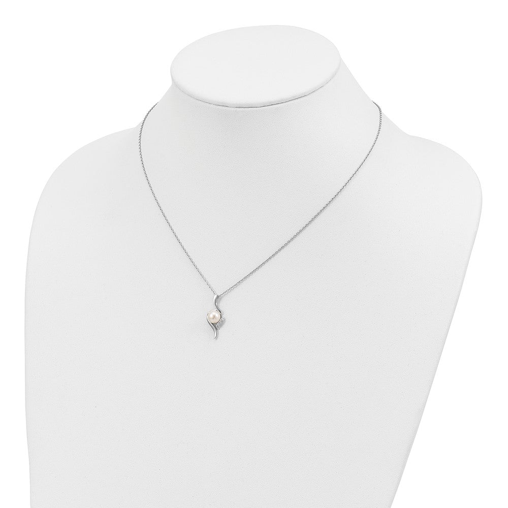 PSSN Sterling Silver Rhodium-plated 6-7mm White Semi-Round Freshwater Cultured Pearl and CZ 17 inch Necklace