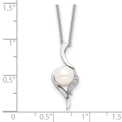 PSSN Sterling Silver Rhodium-plated 6-7mm White Semi-Round Freshwater Cultured Pearl and CZ 17 inch Necklace