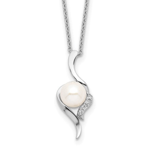 PSSN Sterling Silver Rhodium-plated 6-7mm White Semi-Round Freshwater Cultured Pearl and CZ 17 inch Necklace