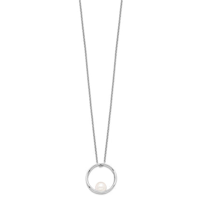 PSSN Sterling Silver Rhodium-plated 7-8mm White Round Freshwater Cultured Pearl 18 inch Necklace