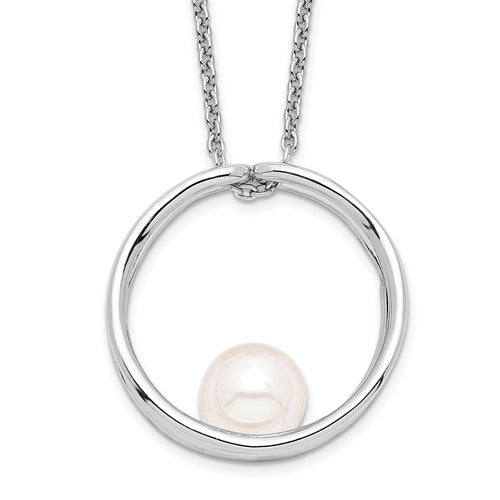PSSN Sterling Silver Rhodium-plated 7-8mm White Round Freshwater Cultured Pearl 18 inch Necklace