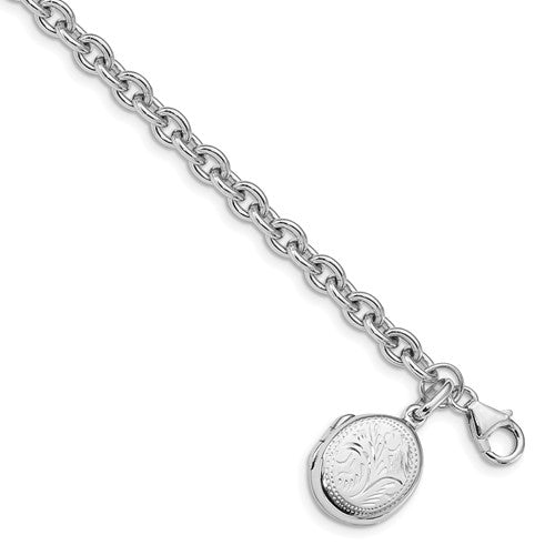 SSB Sterling Silver Rhodium-plated Textured Oval Locket Bracelet
